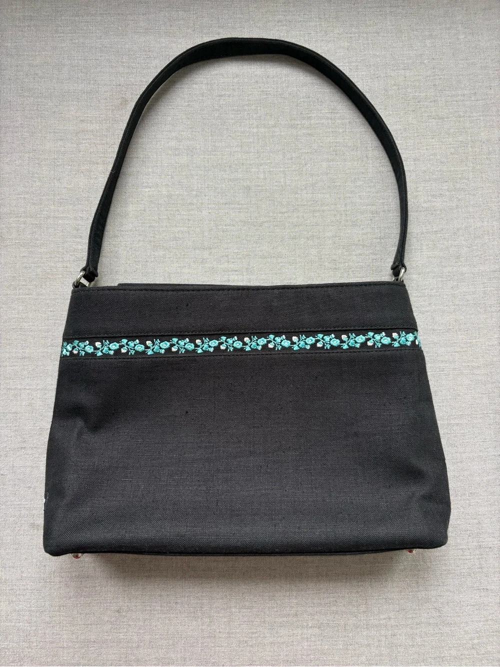 Vintage Kate Spade NY Black Canvas Shoulder Bag Floral Embroidered Trim Y2K